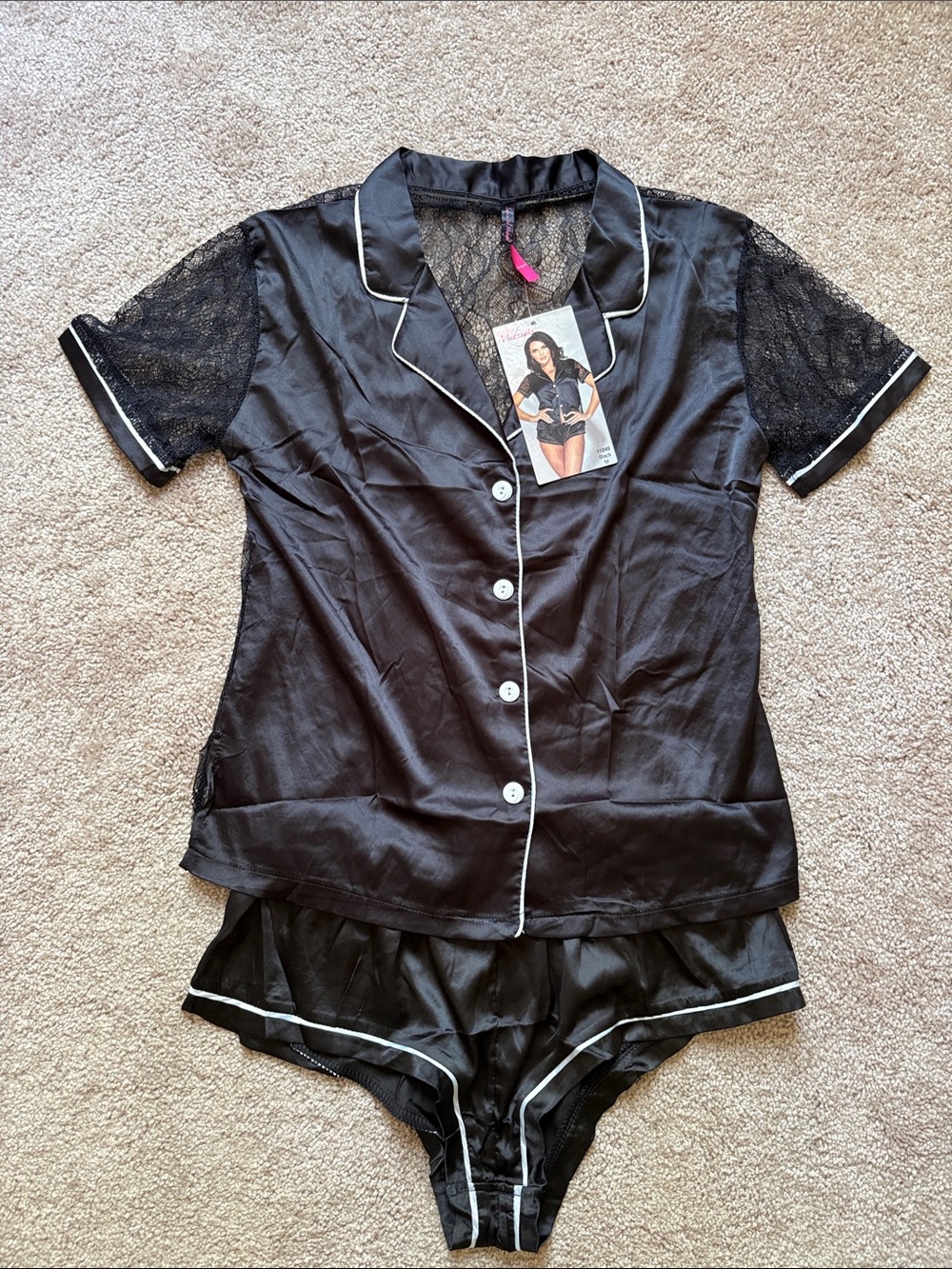 Black Satin & Lace Pajama Set